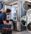 Appliance repair technician inspecting a garage refrigerator in Apopka, FL, with common cooling problems including dirty coils, faulty door seals, thermostat issues, and compressor failure.