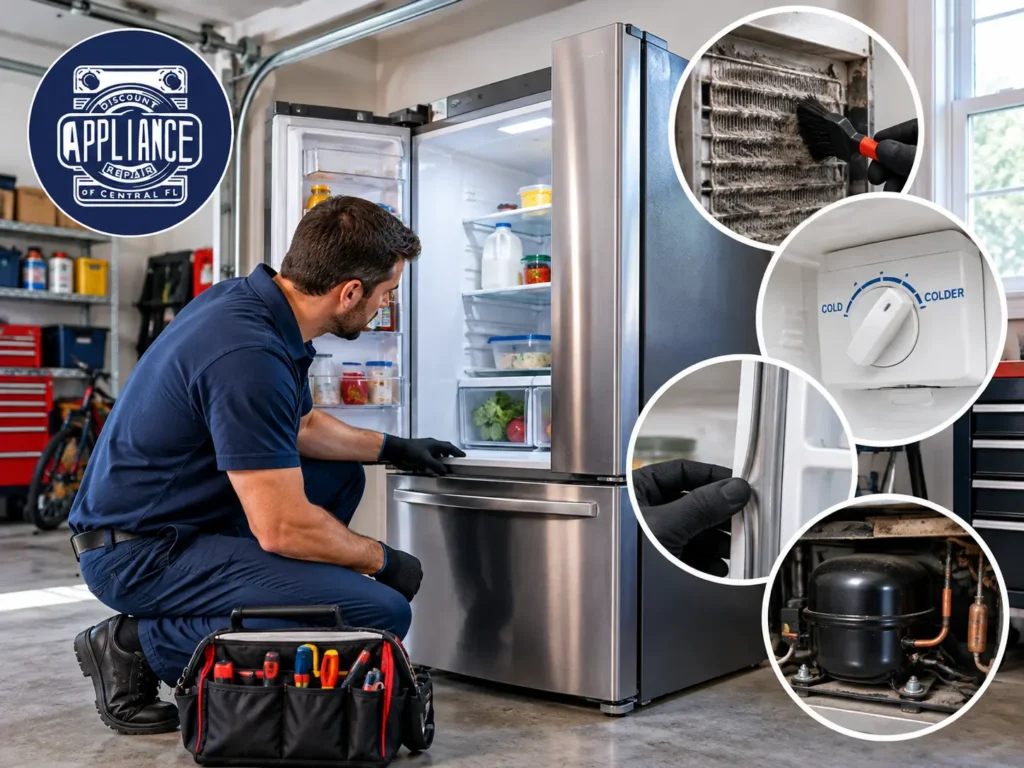 Appliance repair technician inspecting a garage refrigerator in Apopka, FL, with common cooling problems including dirty coils, faulty door seals, thermostat issues, and compressor failure.
