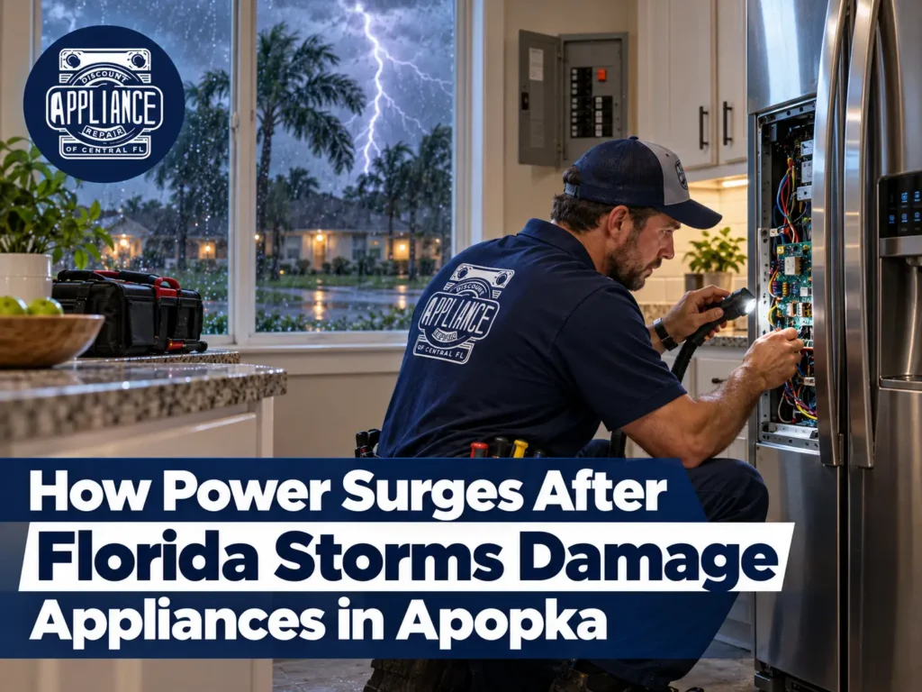 Discount Appliance Repair technician inspecting a refrigerator’s electrical components for possible power surge damage during a Florida thunderstorm in Apopka, FL.